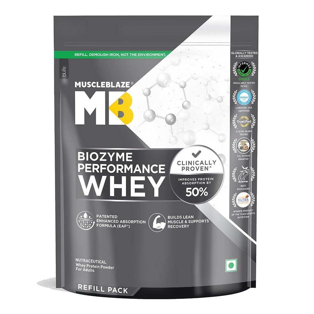 MuscleBlaze Biozyme Performance Whey Protein Powder, Rich Chocolate (1kg Refill Pack) / Rich Milk Choclate