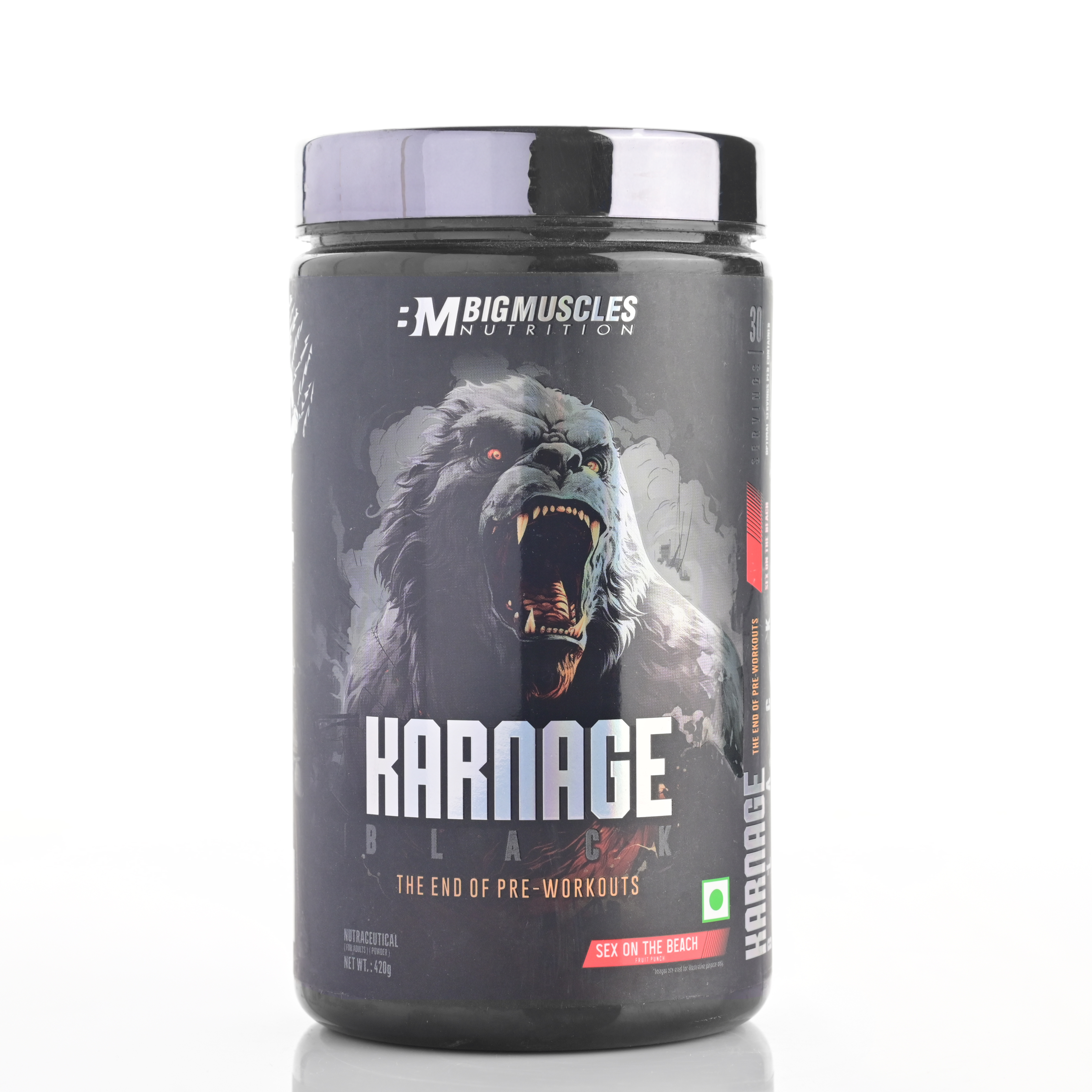 Bigmuscles Nutrition Karnage Black Preworkout [Sex On The Beach, 420g] | Massive Pump | Laser Focus | Explosive Energy | Gorilla Power | No Itching | with Nitrosigine