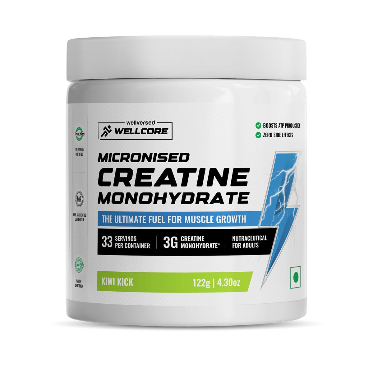 Wellcore - Pure Micronised Creatine Monohydrate (Kiwi Kick,122gm, 33 Servings)