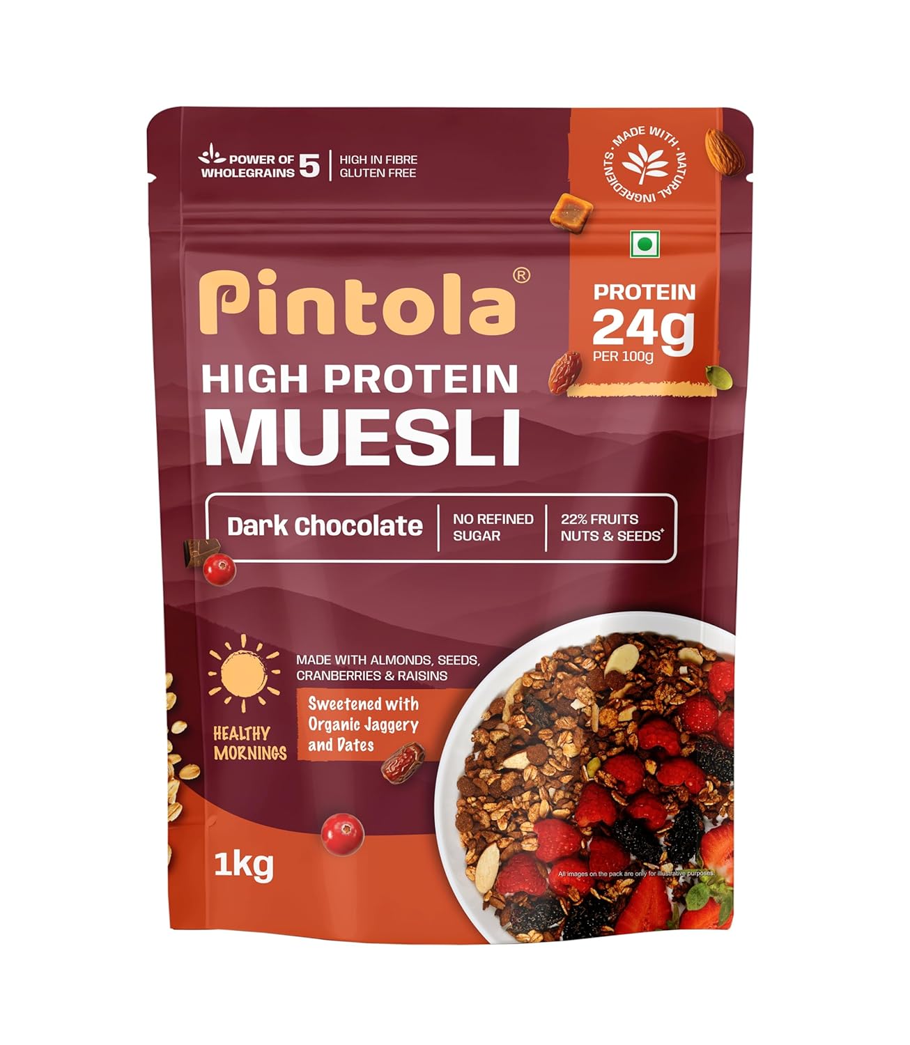 Pintola High Protein Muesli Dark Chocolate & Cranberry 1kg, 24g Protein, High Fibre, Trans Fat Free with Brown Sugar, Real Fruits, Muesli for Breakfast Food, Muselies Fruit Nuts and Seeds 1 kg