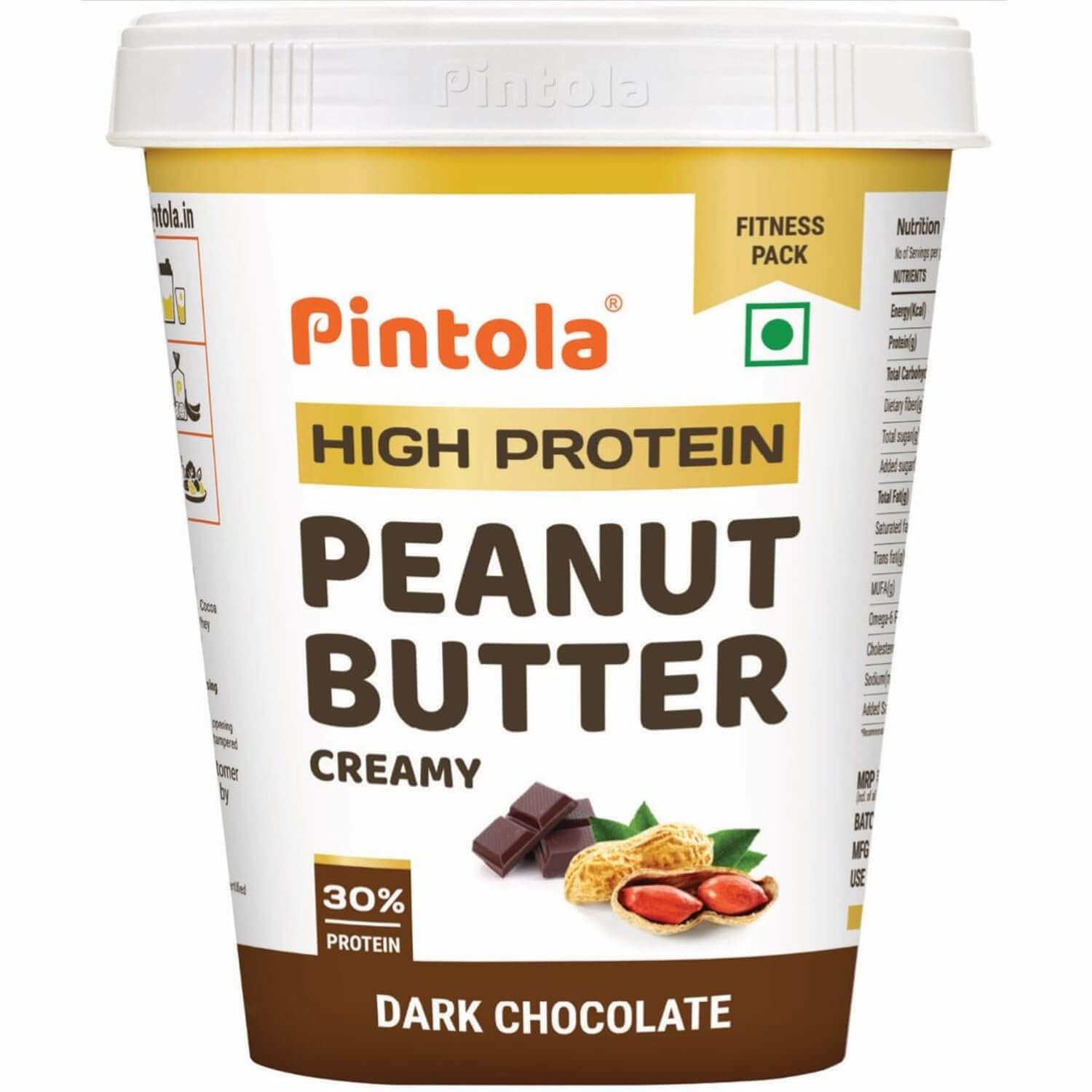 PINTOLA High Protein Peanut Butter Chocolate Flavour Creamy 510g, Added WHEY Protein, 30g Protein 6.2g Fiber, Gluten Free, Zero Trans Fat, Dark Chocolate Peanut Butter Spread, Nut Butter Bread Snacks