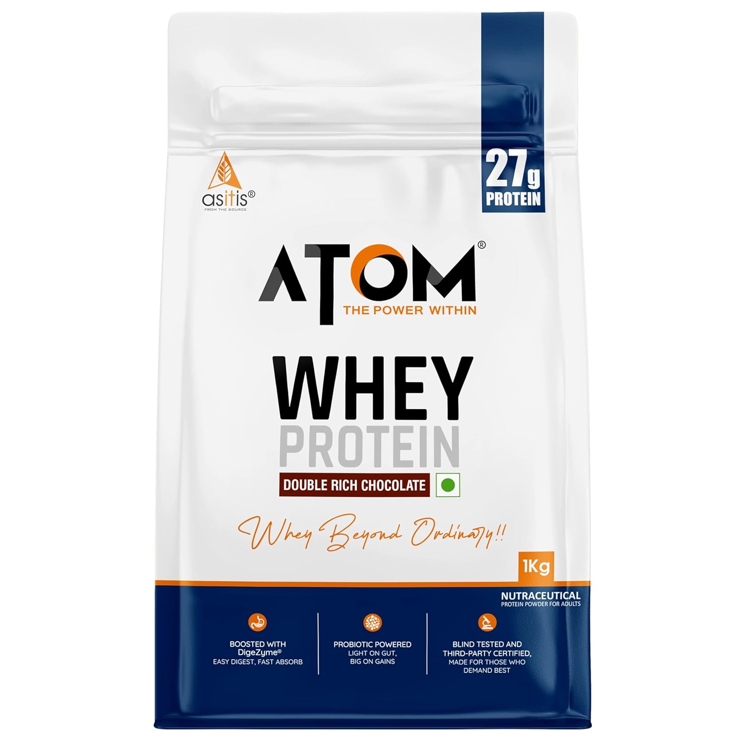Asitis ATOM Whey Protein 1kg | 27g protein | Isolate & Concentrate | Double Rich Chocolate