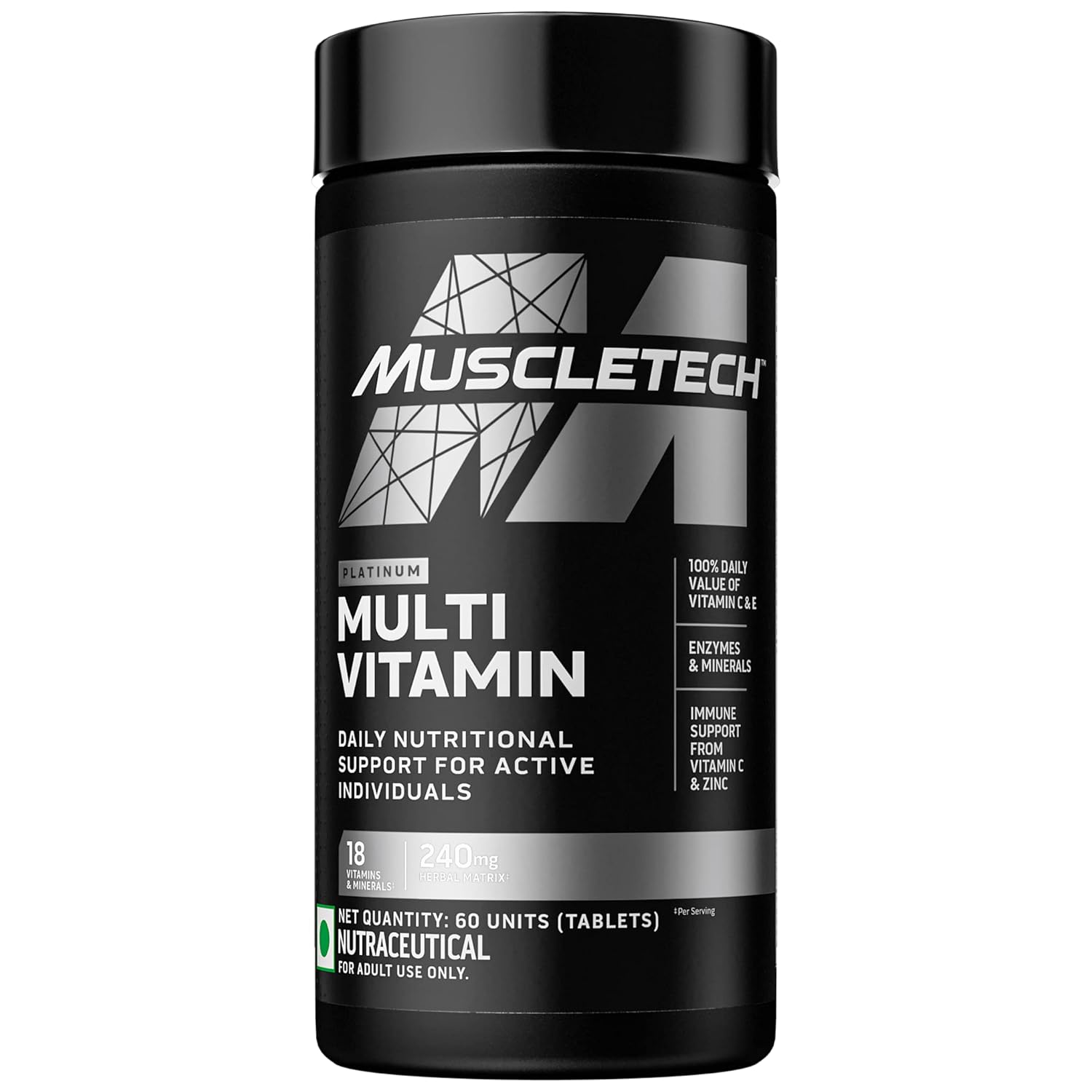 MuscleTech Platinum Multivitamin,Vitamin C for Immune Support,18 Vitamins & Minerals,60 Tablets, 150 grams